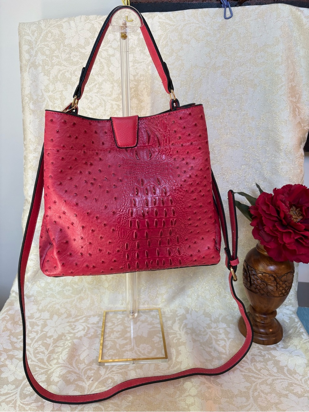 Pink Croc & Ostrich-Embossed Shoulder Bag with Adjustable Strap